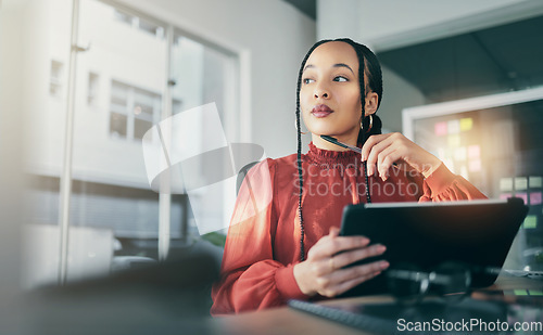 Image of Tablet, thinking and a business black woman in her office, working online for schedule or calendar planning. Technology, research and idea with a corporate employee reading data for problem solving