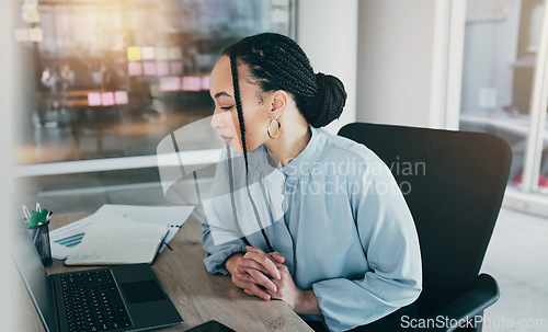 Image of Woman in office reading on laptop, research and ideas on moodboard for business plan, brainstorming or proposal email. Thinking, entrepreneur and businesswoman on computer for website at startup.