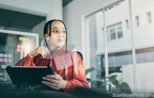 Image of Tablet, thinking and a business black woman in her office, working online for schedule or calendar research. Technology, idea and search with a corporate employee planning using data or information