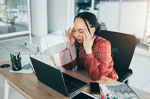 Image of Burnout, stress headache and business woman frustrated with online glitch, project fail or admin mistake. Receptionist, emotional pain and professional person depressed over risk, anxiety or migraine