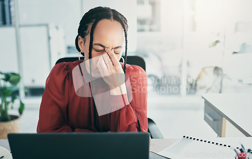 Image of Mental health, headache and business woman frustrated with 404 error, secretary fail or administration mistake. Receptionist, burnout and admin person stress over online problem, anxiety or migraine