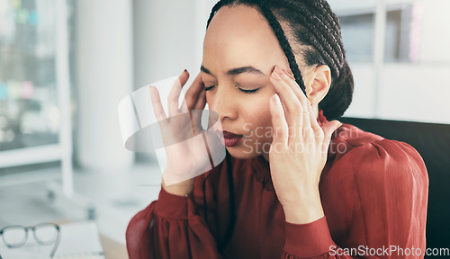 Image of Mental health, headache and business woman face frustrated with administration mistake, pressure or overwhelmed. Secretary, burnout and female receptionist stress over problem, anxiety or migraine