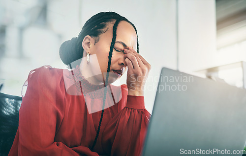 Image of Laptop, headache and business woman frustrated with 404 error, software fail or administration mistake. Secretary, bad online results or admin person stress over computer problem, anxiety or migraine