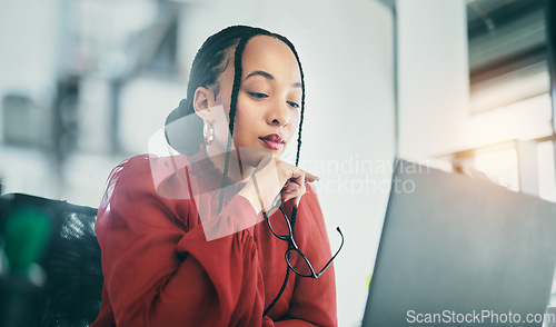 Image of Thinking, office laptop and professional woman planning, reading or editing online news story, social media post or business blog. Editor, project plan or female reporter review story for publication