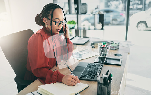 Image of Phone call, writing and business woman in office for planning, schedule or research. Calendar, networking and administration with female employee in agency for communication, technology or connection