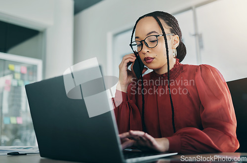 Image of Phone call, research and business woman in office for planning, schedule and laptop. Calendar, networking and administration with female employee in agency for communication, technology or connection