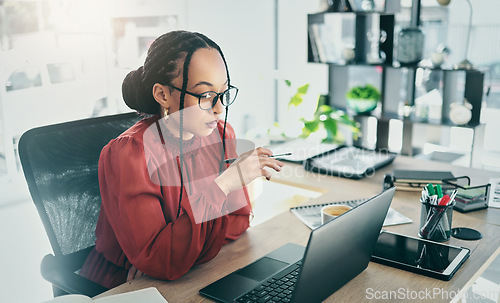 Image of Business woman, computer and office desk for online editing, marketing research and planning. Professional african person, editor or worker reading email, social media copywriting and email on laptop