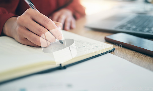 Image of Hand, notebook and person writing, schedule and calendar with brainstorming and planning work closeup. Business, ideas and notes with project deadline, productivity and workflow with research