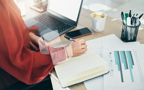 Image of Hand, notebook and person writing, analytics paperwork on office desk, brainstorming and planning closeup. Business, ideas and graphs with infographic, productivity and workflow, research and admin