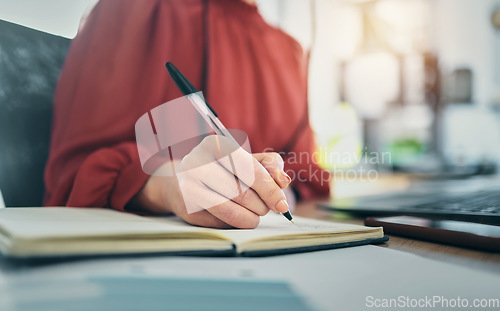 Image of Hand, notebook and person writing, admin with schedule and brainstorming and planning work closeup in office. Business, ideas and notes with project deadline, productivity and workflow with research