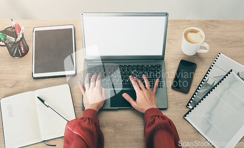 Image of Laptop mockup, keyboard and woman hands typing administration report, receptionist feedback or research review. Computer screen, advertising space and top view of female secretary working on project