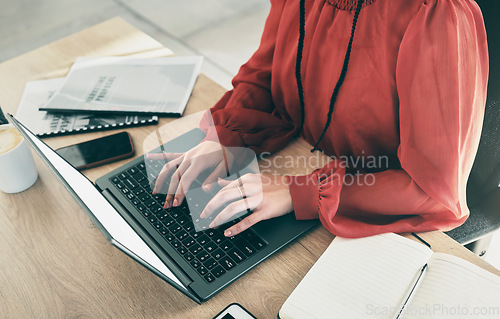 Image of Laptop keyboard, hands and woman typing administration report, receptionist feedback or online schedule, agenda or appointment. Secretary, business person or event planner working on project planning