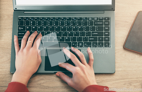 Image of Laptop keyboard, hands and person typing report, online feedback or customer experience review. Research, closeup top view and woman working on social media blog post, copywriting or project