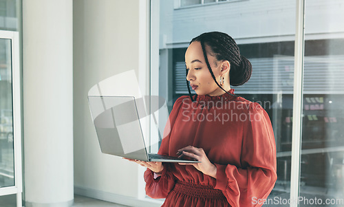 Image of Business woman, computer and office for software management, Human Resources research and planning. Professional african person, employee or HR worker on laptop for company email or schedule check