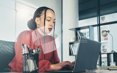 Image of Business woman, laptop and office for online admin management, Human Resources research and planning. Professional african person or HR worker typing on computer, company email or schedule check