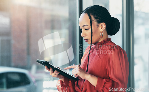 Image of Tablet, search and a business black woman in her office, working online for schedule or calendar planning. Technology, internet and research with a corporate employee reading data or information