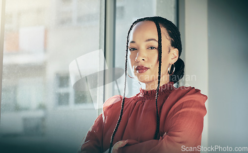 Image of Woman, arms crossed and portrait with business and professional mindset, confidence and mockup space. Brazilian female person in workplace, corporate career with expert and serious with pride