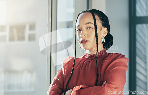 Image of Woman, arms crossed and portrait with corporate and professional mindset, confidence and mockup space. Brazilian female person in workplace, business career and entrepreneurship, serious and pride