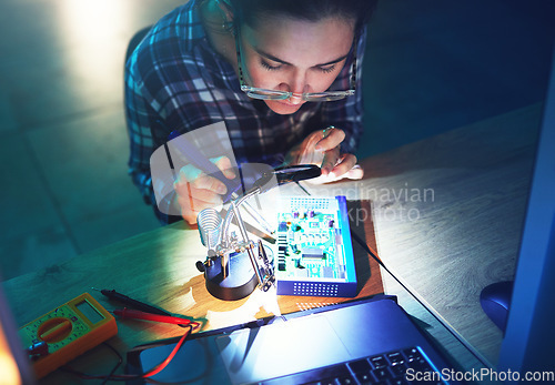 Image of Woman, technician and motherboard with microchip, electronics or soldering iron in top view at laboratory. Information technology, circuit board or programming for future, hardware and system upgrade