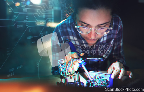 Image of Woman, engineer and motherboard with microchip, electronics or soldering iron with holographic overlay. Information technology, circuit board or programming for future, hardware or system development