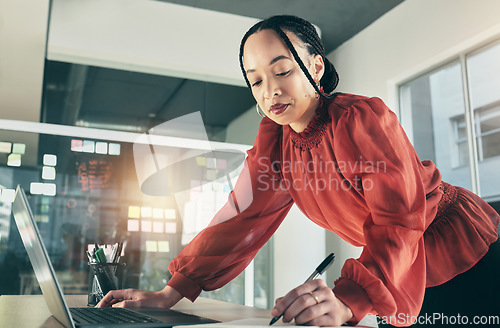 Image of Woman with laptop research, writing ideas in book and website for business planning, brainstorming or proposal process. Thinking, businesswoman with notebook and pen on computer at startup office.