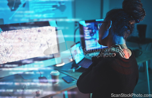 Image of Woman, back pain and computer engineering, software development or cybersecurity at night stress and pain. Fatigue, spine problem and tired IT person on monitor in coding or data overlay and graphic