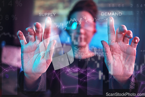 Image of Hands of woman, vr algorithm and hologram coding for web business, futuristic technology and ar analysis. Data overlay, supply and demand dashboard, programmer with virtual reality charts and graphs