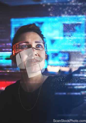 Image of Woman hacker, glasses and cybersecurity, hologram info and vr malware, futuristic technology and login privacy. Data protection overlay, iot dashboard and tech programmer with virtual reality goggles