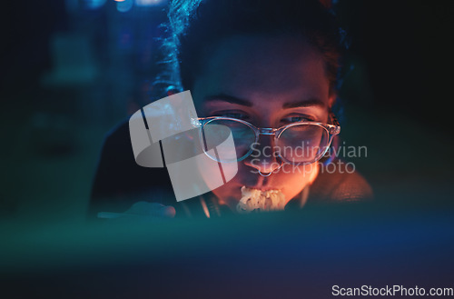 Image of Computer, cyber security woman and eating food, noodles and coding software, online database or cloud computing service. Hungry programmer, night meal and face of female developer programming system