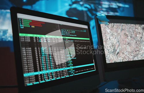 Image of Computer screen, cybersecurity and technology background for surveillance, data analytics and worldwide coding. Gdpr, html hacking and satellite software development on monitor, global map and night