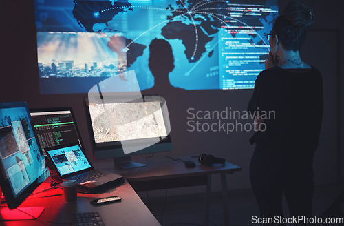 Image of Cybersecurity, woman thinking and global network tech for phishing, ransomware and cyber terrorism search. Maps, digital database and IT in dark room for virtual malware hacking fix of employee