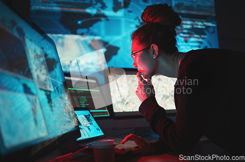 Image of Cybersecurity, woman and computer with global network for phishing, ransomware and cyber search. Maps, digital database and IT worker in dark room for virtual malware hacking fix of a employee back