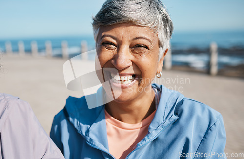 Image of Senior, fitness and portrait of happy old woman at a beach for walking, running or morning cardio in nature. Smile, face and cheerful elderly female at the sea for workout, freedom and fresh air walk