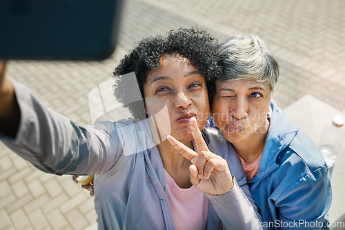 Image of Senior women, selfie and peace, hands and wink in a city for travel, fun and chilling on the weekend outdoor. Face, friends and old ladies pose for profile picture, photo or traveling memory in town