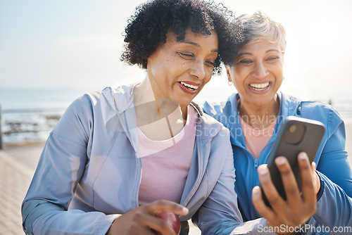 Image of Senior women, phone and social media in nature for a chat, notification or a funny meme. Happy, reading online and elderly friends by the sea with a mobile app for communication or internet memory