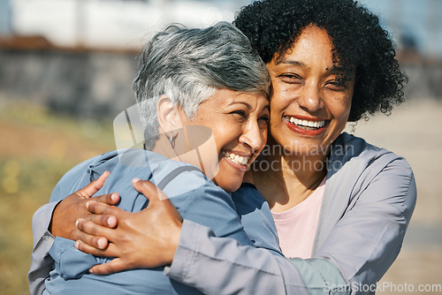 Image of Senior women, workout hug and smile closeup with fitness and exercise outdoor for health. Elderly people, sport training and happy friends with bonding and embrace after running of a mature athlete