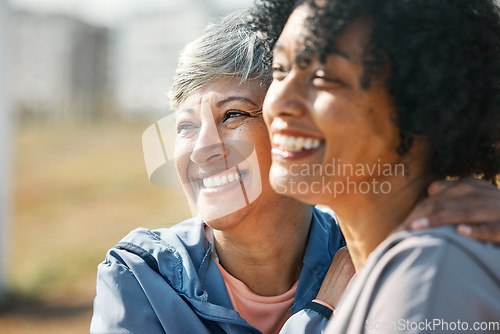 Image of Senior women, hug and smile closeup with fitness and exercise outdoor for health. Elderly people, sport training and happy friends with excited bonding and embrace after running of a mature athlete