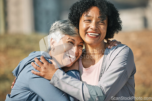 Image of Senior women, hug and laugh closeup with fitness and exercise outdoor for health. Elderly people, sport training and happy friends with excited bonding and embrace after running of a mature athlete