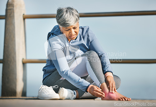 Image of Foot, pain and old woman with injury, fitness outdoor and medical emergency and inflammation with red overlay. Muscle tension, osteoporosis or fibromyalgia with health, exercise and female person