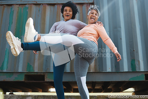 Image of Senior, women and friends, happiness and fitness, pose and playful in portrait with freedom outdoor. Excited female people, friendship and cool with sportswear, exercise and fun together for wellness