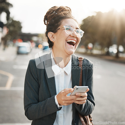 Image of Laughing, typing and a woman with a phone in the city for social media, communication or an email. Smile, meme and a funny corporate employee with a mobile for an app in the street in the morning