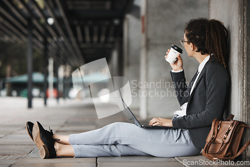 Image of Laptop, woman and coffee break in the city or employee search for a job on social media, internet or online opportunity. Remote, virtual or digital work on computer SEO blog or email and business