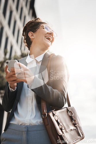 Image of Business, city and woman with a smartphone, funny or travel with internet connection, happiness or email. Female person, humor or consultant with a cellphone, mobile app or outdoor with social media