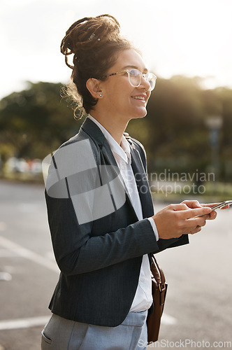 Image of Employee, street and woman with a smartphone, thinking and travel with social media, mobile app and email. Female person, agent in a city or consultant with a cellphone, internet connection and ideas