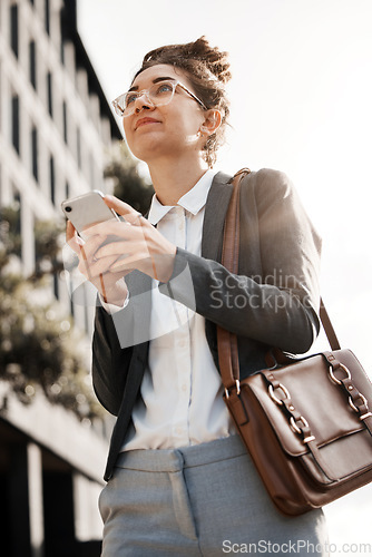 Image of Business, city and woman with a cellphone, thinking and travel with internet connection, network and opportunity. Person, worker in a street and consultant with a smartphone, navigation app or ideas