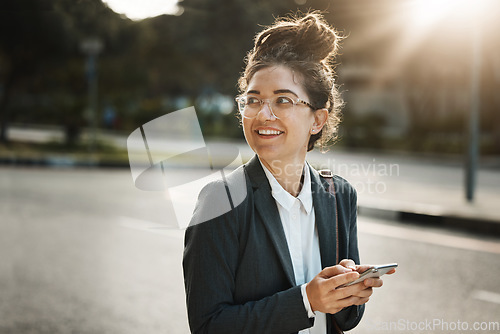 Image of Thinking, city and woman with a cellphone, employee and travel with social media, opportunity and email. Female person, ideas or consultant with a smartphone, street and sms with message and decision