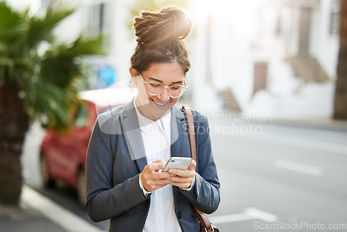 Image of Corporate, street and woman with a smartphone, typing and travel with network, online reading and social media. Female person, employee in a city and consultant with a cellphone, mobile app and email