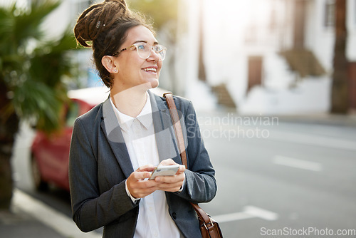 Image of Business, city and woman with a cellphone, thinking and travel with connection, social media and opportunity. Person, employee outdoor and agent with a smartphone, mobile app and ideas with happiness