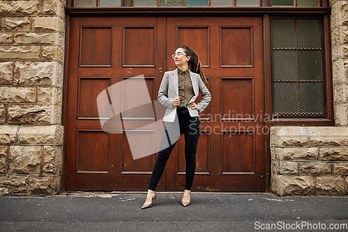 Image of Fashion, corporate and woman in city for thinking, planning or travel to work. Stylish, confident and young business employee or female worker with style for job at an agency in a town in the morning