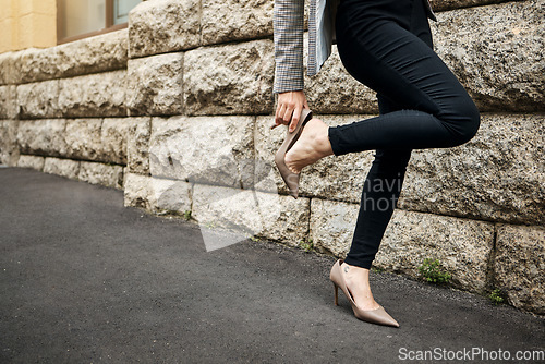 Image of Hands, heels fix and business woman on road with shoes and job fashion on work commute. City travel, female professional and walking on urban pavement, street and sidewalk with legs and mockup space